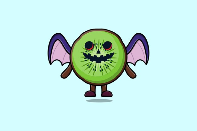 Cute mascot cartoon Kiwi fruit character Scary bats pumpkin halloween illustration