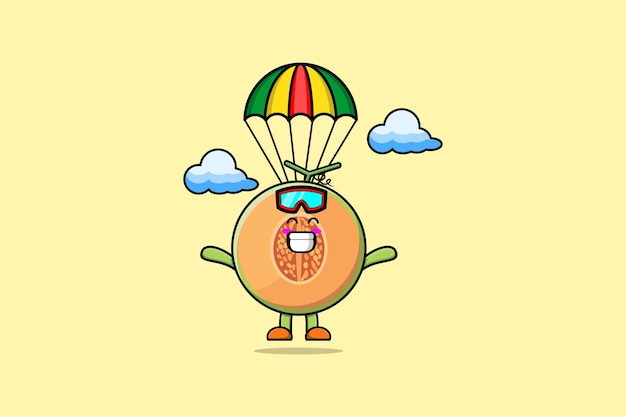 Cute mascot cartoon melon is skydiving with parachute and happy gesture illustration