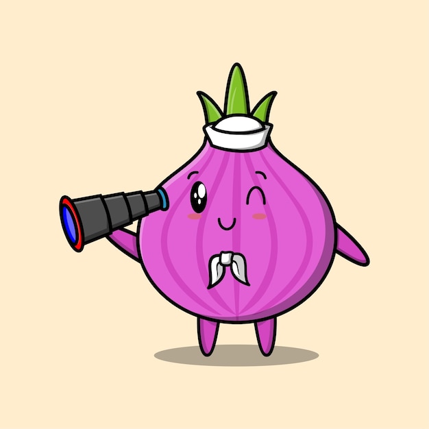 Cute mascot cartoon onion sailor with hat and using binocular cute modern style design