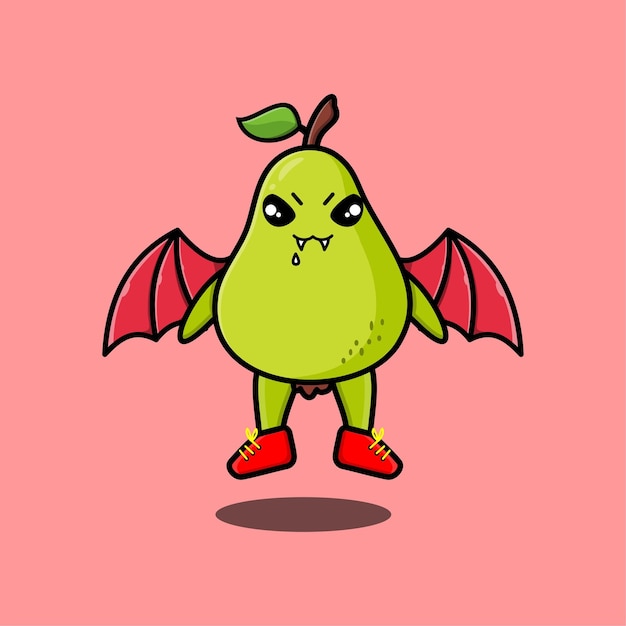 Cute mascot cartoon Pear fruit character as dracula with wings in cute modern