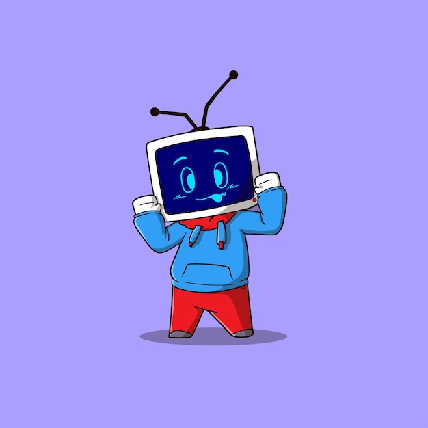 Simpatico cartone animato della mascotte della televisione analogica che si sente felice e forte