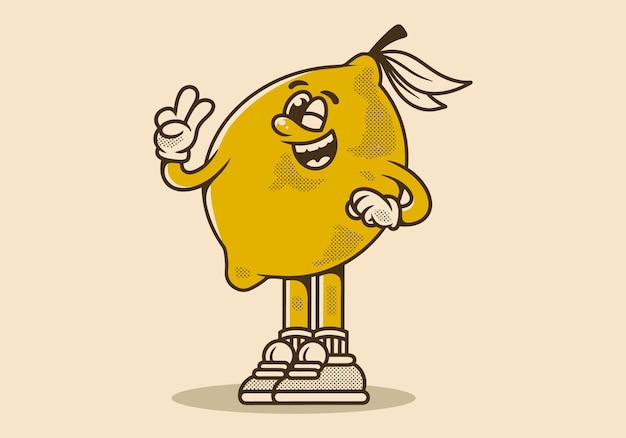 Cute mascot character of a lemon with hand forming peace symbol