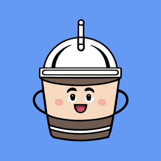 행복한 표정의 플랫 만화 디자인 프리미엄 및 단순한 벡터가 있는 커피 컵의 귀여운 마스코트