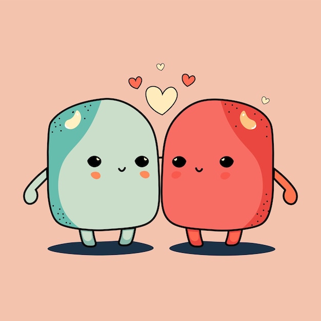 Cute mascot cube couple character with hearts on pastel pink background love or valentine concept