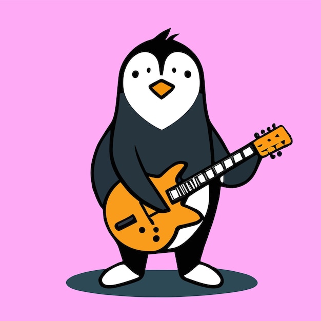 Cute mascot design for a penguin holding a guitar flat cartoon design