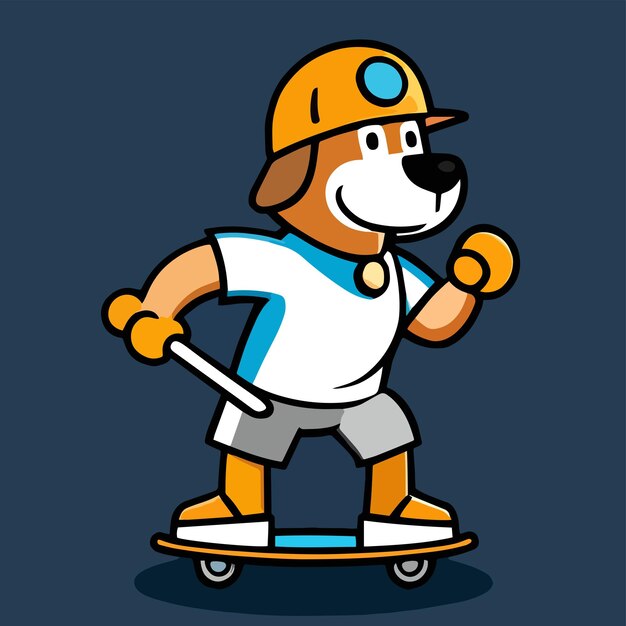 Simpatica mascotte per un cane che gioca a skateboard con un disegno a cartone animato piatto di espressione felice per il gioco degli animali