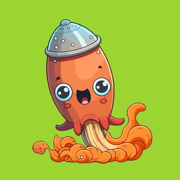 Cute mascot for octopus shaped flying rocket that shoots out fire flat cartoon design