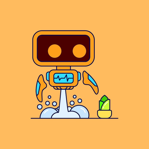 Cute mascot orange robot pointing at the plant cartoon icon illustration. Flat cartoon design