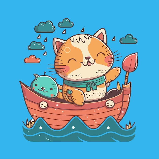 Cute mascot riding a boat for cats animals and transportation with a flat cartoon design Suitable