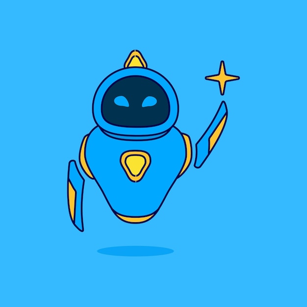 Cute mascot robot pointing at the star cartoon icon illustration. Flat cartoon design