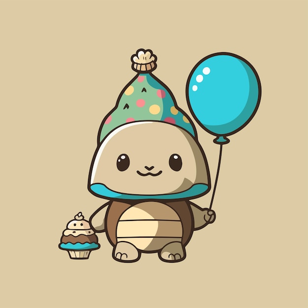 Cute mascot for a turtle wearing a cone hat and carrying a birthday balloon flat cartoon design