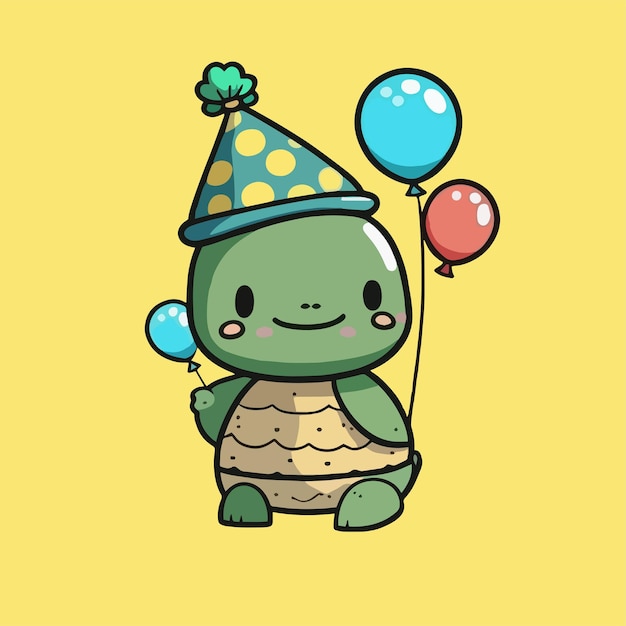 Cute mascot for a turtle wearing a cone hat and carrying a birthday balloon flat cartoon design