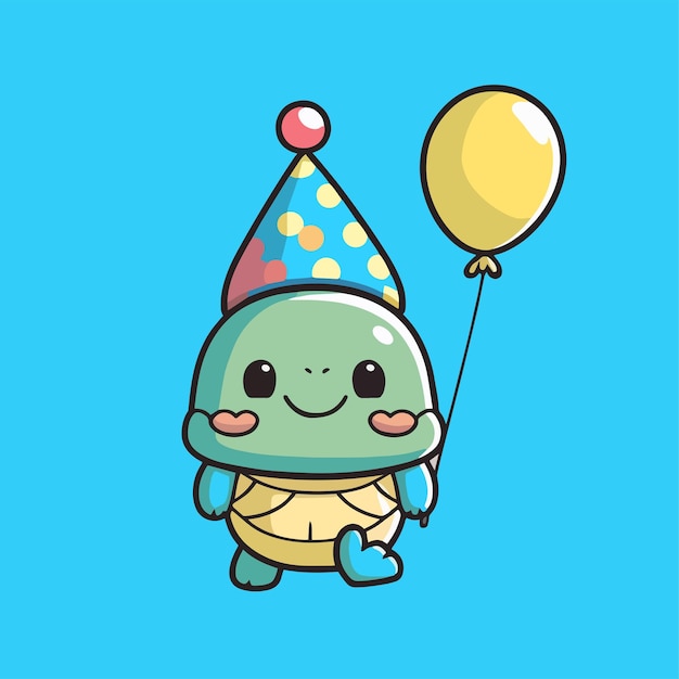 Cute mascot for a turtle wearing a cone hat and carrying a birthday balloon flat cartoon design
