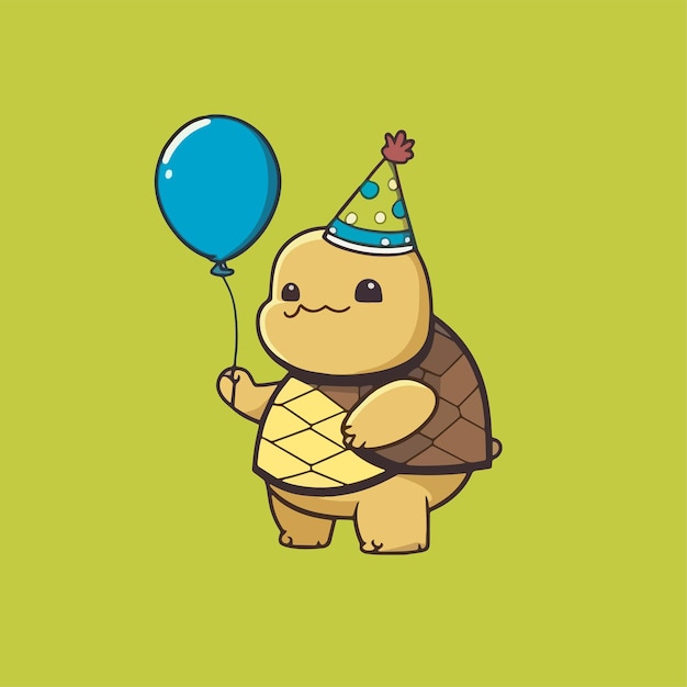 Cute mascot for a turtle wearing a cone hat and carrying a birthday balloon flat cartoon design