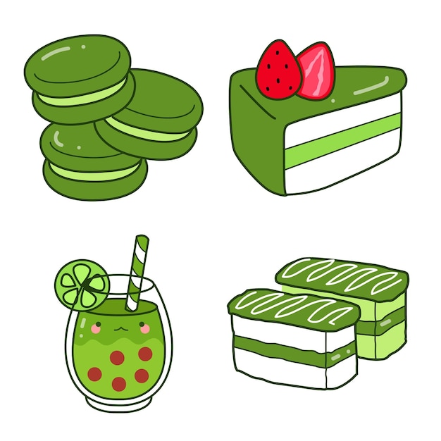 Vector cute matcha and green tea clip art illustration of healthy cakesweet green ice cream and waffle