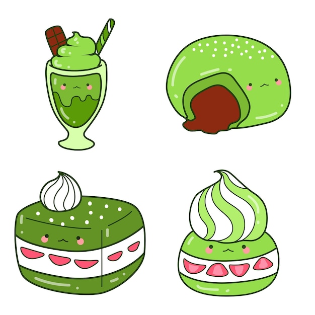 Vector cute matcha and green tea clip art illustration of healthy cakesweet green ice cream and waffle