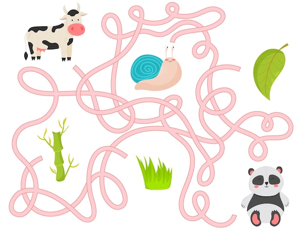 Симпатичный лабиринт для детейигра для детей головоломка для детей счастливый персонаж загадка лабиринта цветной вектор eps 10 иллюстрация найти правильный путь мультяшный стиль вл лист панды трава улитка бамбук