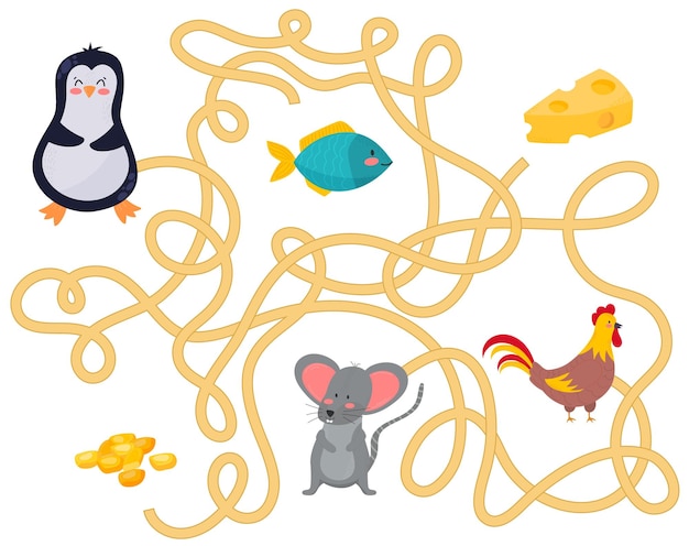 아이들을 위한 귀여운 미로 아이들을 위한 게임 아이들을 위한 퍼즐 행복한 캐릭터 미로 수수께끼 색상 벡터 Eps 10 그림 올바른 경로 찾기 만화 스타일 펭귄 물고기 마우스 수탉 치즈 곡물