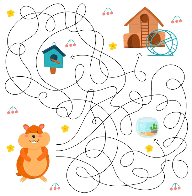 Cute maze for kidsGame for kids Puzzle for children Happy character Labyrinth conundrum Color vector EPS 10 illustration Find the right path Cartoon flat style Birdhouse bird hamster house aquarium