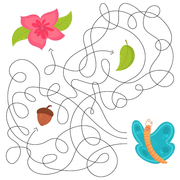 Cute maze for kidsGame for kids Puzzle for children Happy character Labyrinth conundrum Color vector EPS 10 illustration Find the right path Cartoon style Flower acorn leaf butterfly