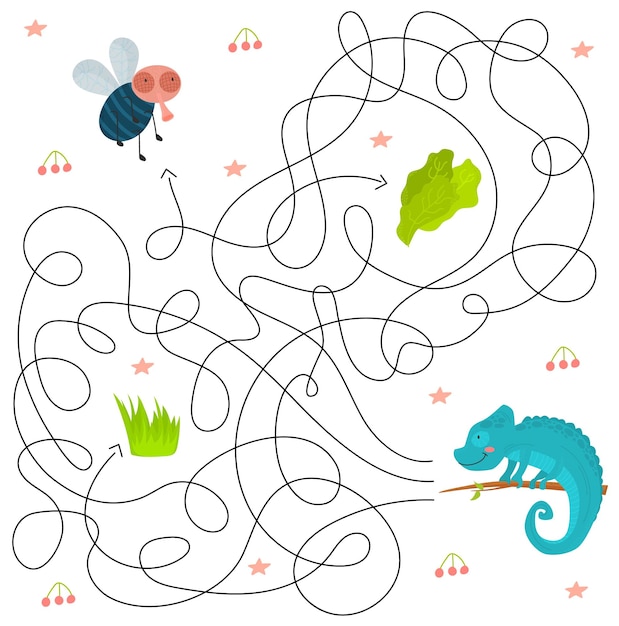 Cute maze for kidsGame for kids Puzzle for children Happy character Labyrinth conundrum Color vector EPS 10 illustration Find the right path Cartoon style Fly grass lettuce chameleon
