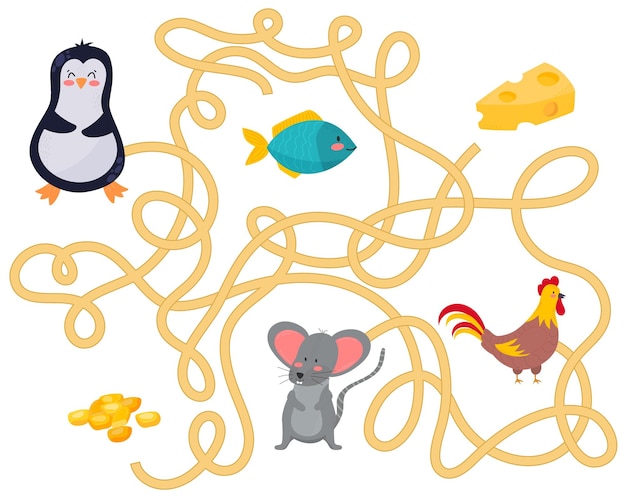 Cute maze for kidsgame for kids puzzle for children happy character labyrinth conundrum color vector eps 10 illustration find the right path cartoon style penguin fish mouse rooster cheese grain