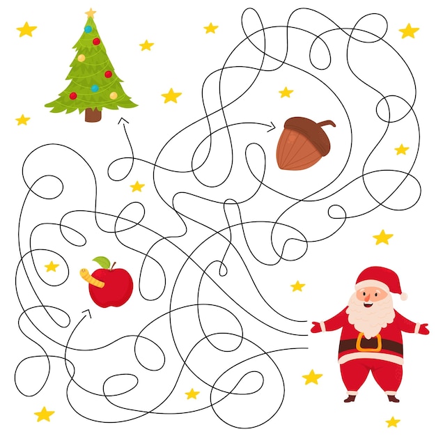 Cute maze for kidsGame for kids Puzzle for children Happy character Labyrinth conundrum Color vector EPS 10 illustration Find the right path Cartoon style Santa apple christmas tree acorn