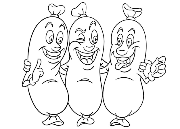 Cute meat sausages. cartoon funny food emoji face. kids coloring page.