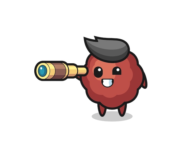 Cute meatball character is holding an old telescope