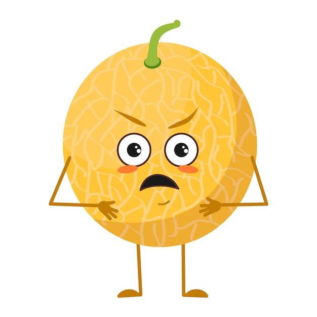 Cute melon character with angry emotions face arms and legs the funny or grumpy food hero fruit vect...