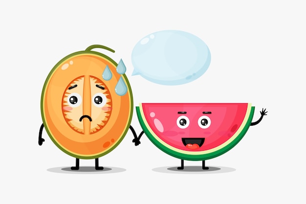 Cute melon and watermelon mascot holding hands
