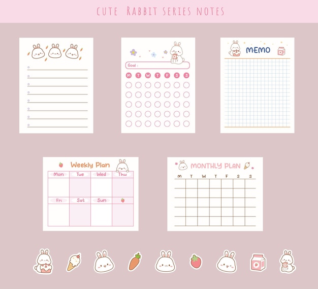 Cute Memo Note Planner vector template with cute animals cute rabbit