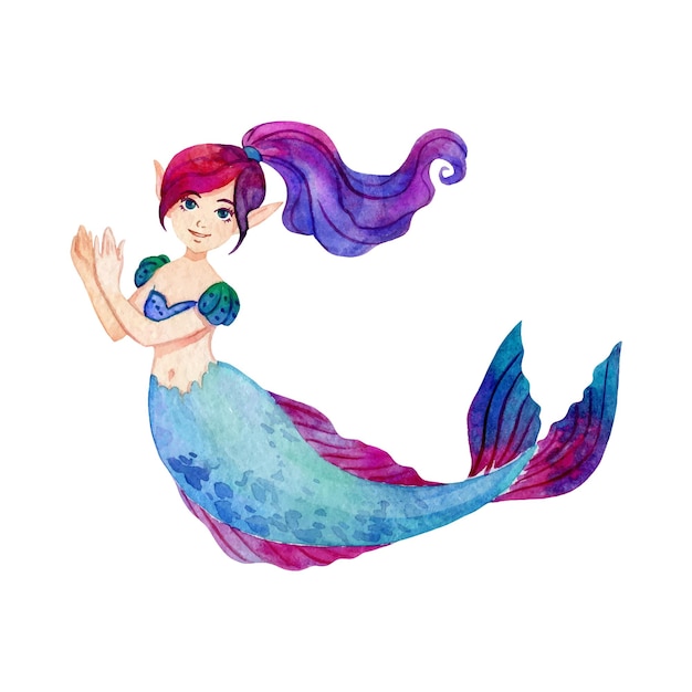 Cute mermaid cartoon character watercolor vector illustration isolated on white background