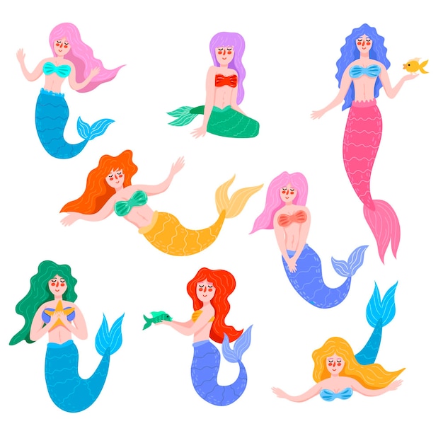 Vettore set di illustrazioni piatte di simpatici personaggi dei cartoni animati sirena