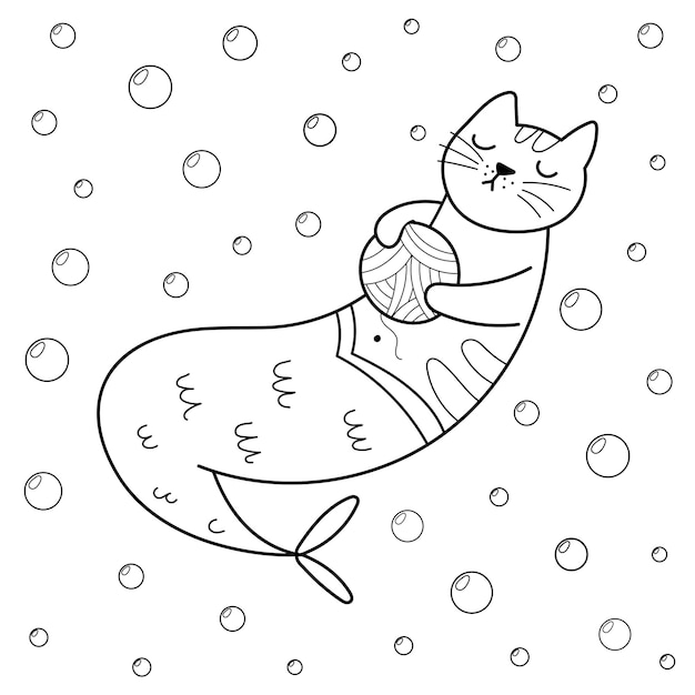 羊毛のボールを保持しているかわいい人魚の猫ぬりえ漫画のスタイルでかわいい猫のキャラクター プリント