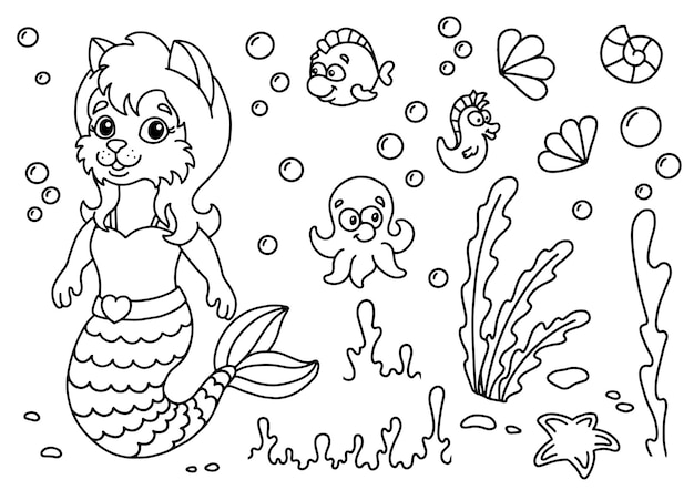 Cute mermaid cat in the underwater world Coloring book page for kids