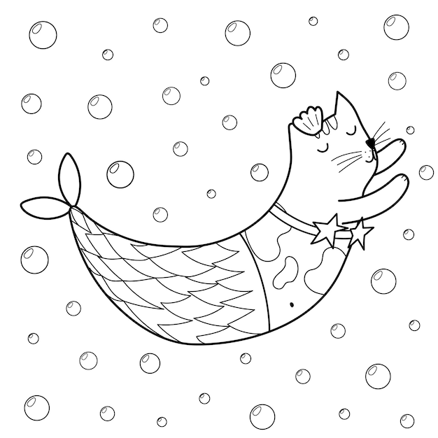 漫画風の着色ページ猫のキャラクターの水中プリントを持つかわいい人魚の猫