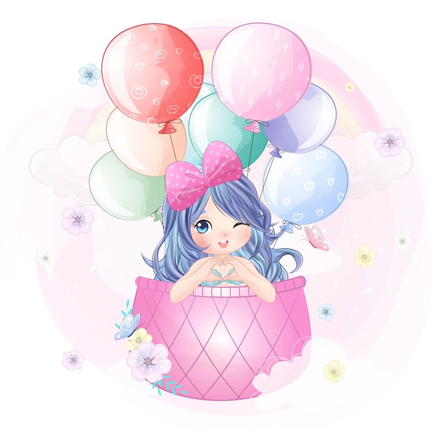 Cute mermaid flying with air balloon