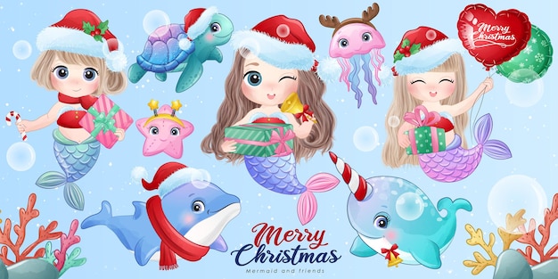 水彩イラストセットでメリークリスマスのかわいい人魚と友達