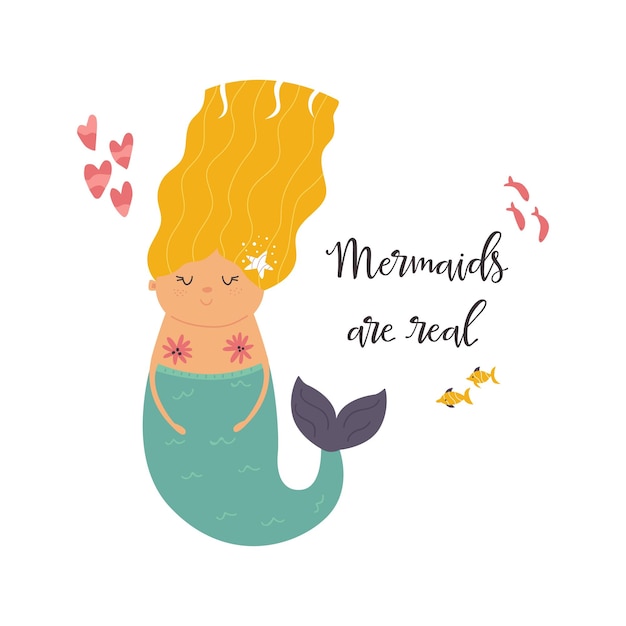 Vector cute mermaid girl flat design nursery art print vector illustration