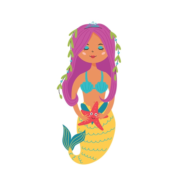 Cute mermaid holding starfish