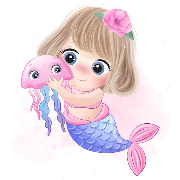 Cute mermaid hugging a little jellyfish