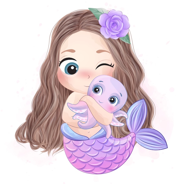 Vector cute mermaid hugging a little octopus