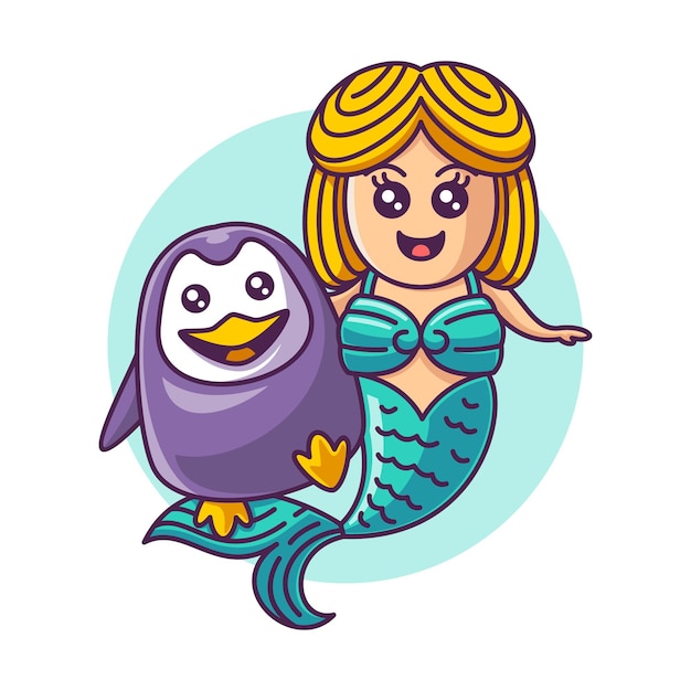 cute mermaid and penguin mascot