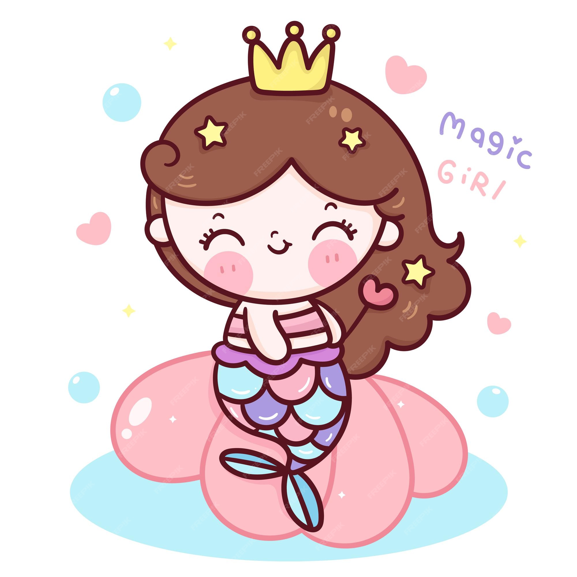 シェルのかわいいイラストに魔法の杖を保持しているかわいい人魚姫の漫画 プレミアムベクター
