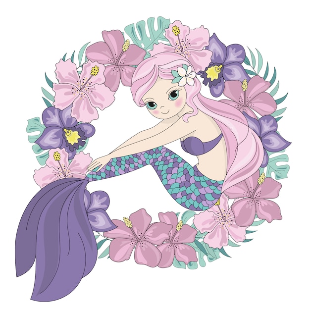 Cute mermaid princess wreath illustration