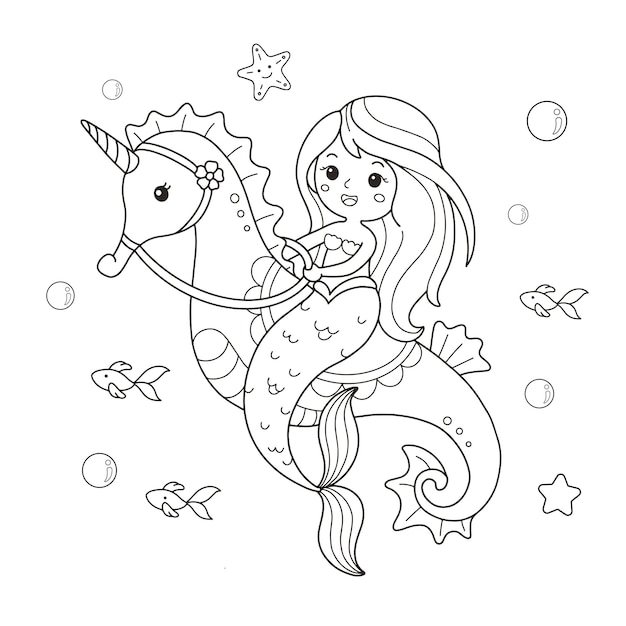 Cute mermaid riding a seahorse drawing coloring page illustration