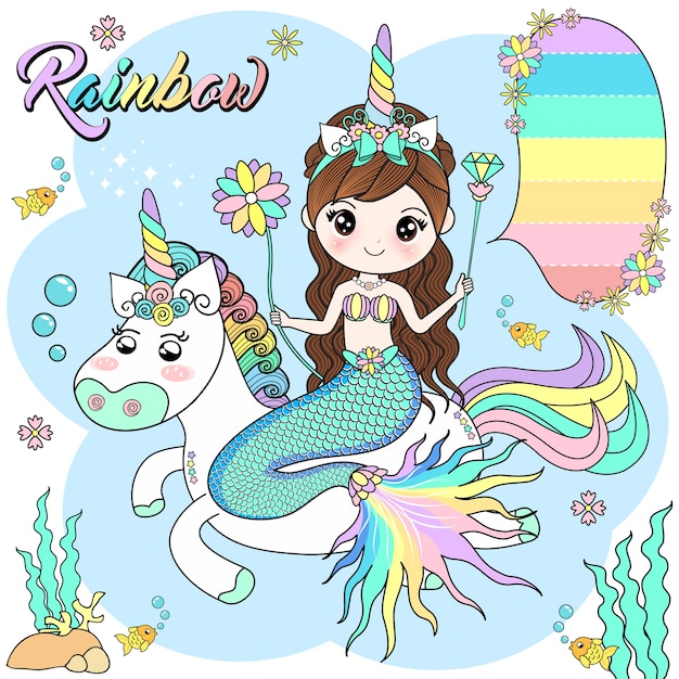 Vector cute mermaid riding a unicorn in the sea