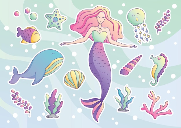 Cute mermaid and sea creatures illustration vector set