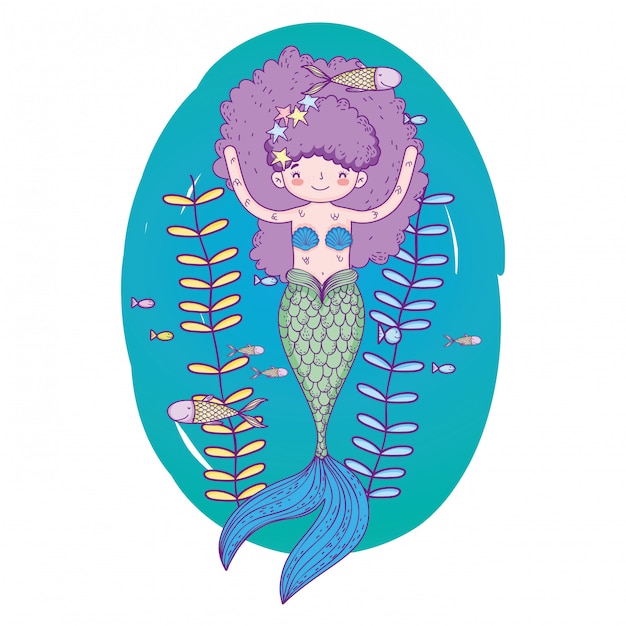 cute mermaid under sea with seaweed